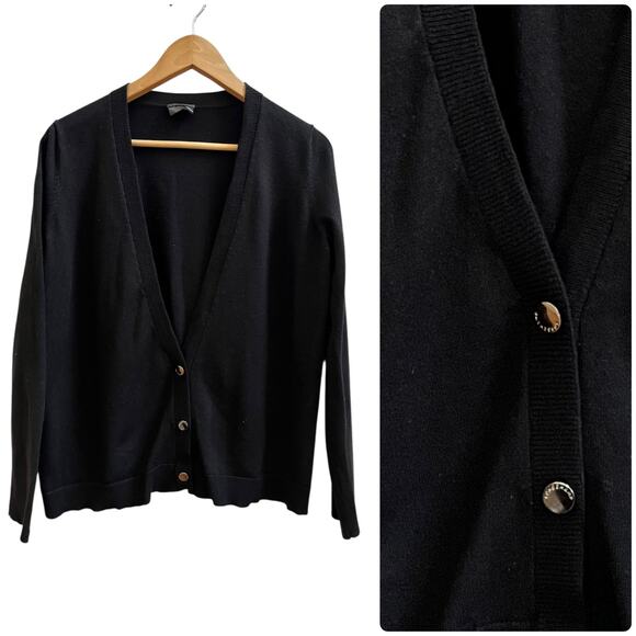 Longchamp Black Merino Wool Blend Deep V Neck Cardigan Sweater Size FR 40 US 8 - Picture 1 of 11
